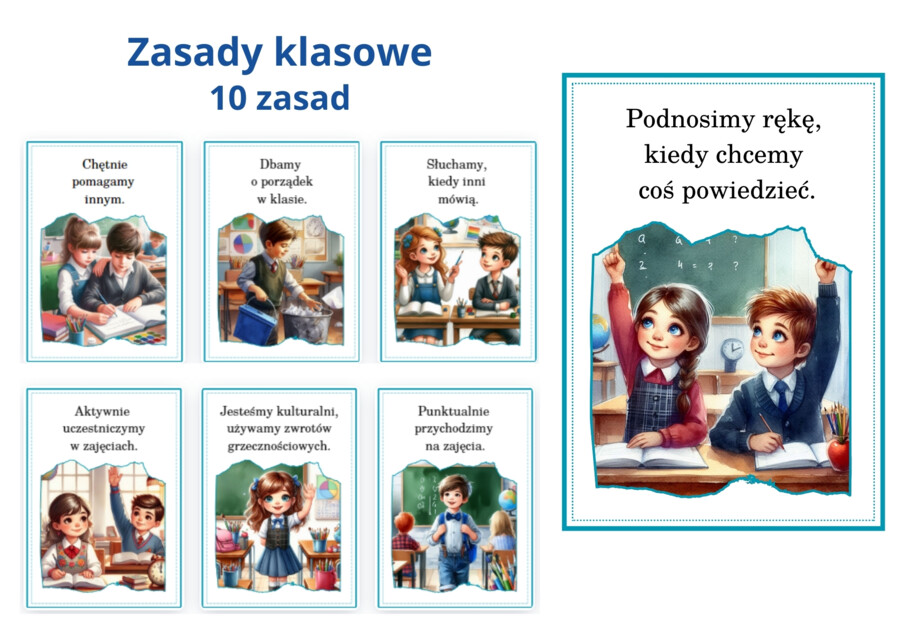 KLASOWE ZASADY/ KODEKS UCZNIA 10 plansz i strona tytułowa (pdf)