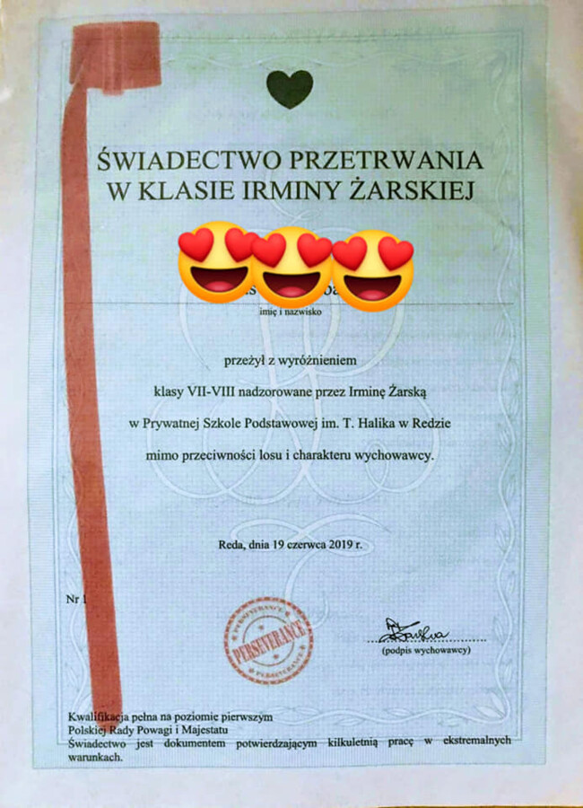 Świadectwo przetrwania - wzór