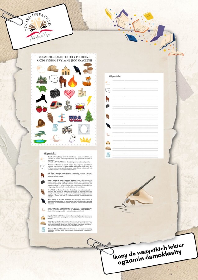 Karta pracy ikony (symbole, obrazki) do wszystkich lektur + odpowiedzi egzamin ósmoklasisty język polski