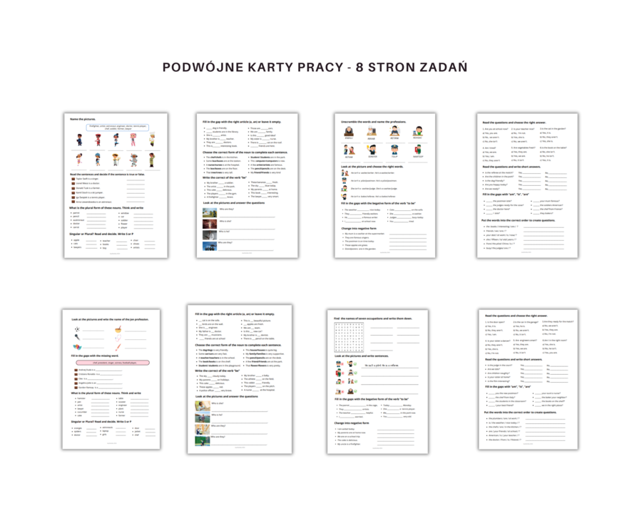 Everyday grammar: to be, articles, plural, grade 4, worksheet, job professions. Gramatyka dla klasy 4, podwójne karty pracy z ćwiczeniami na odmiane czasownika to be, zdania twierdzące, przeczenia, pytania, krótkie odpowiedzi, rozróżnianie liczby mnogiej
