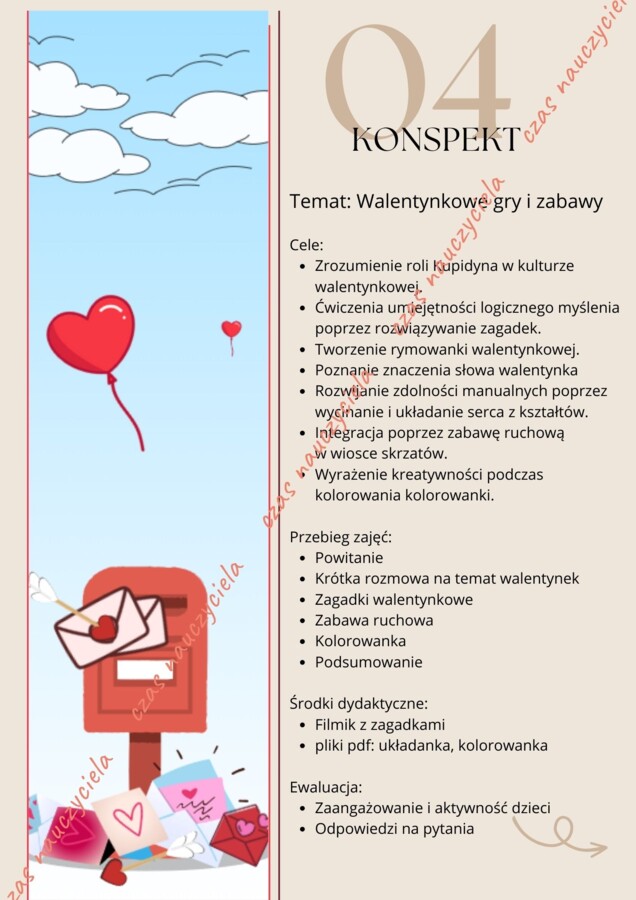 Walentynki - zagadki z bajek, gra ruchowa, kolorowanka