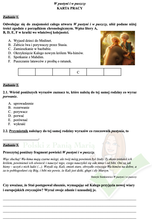 W pustyni i w puszczy - zadania egzaminacyjne