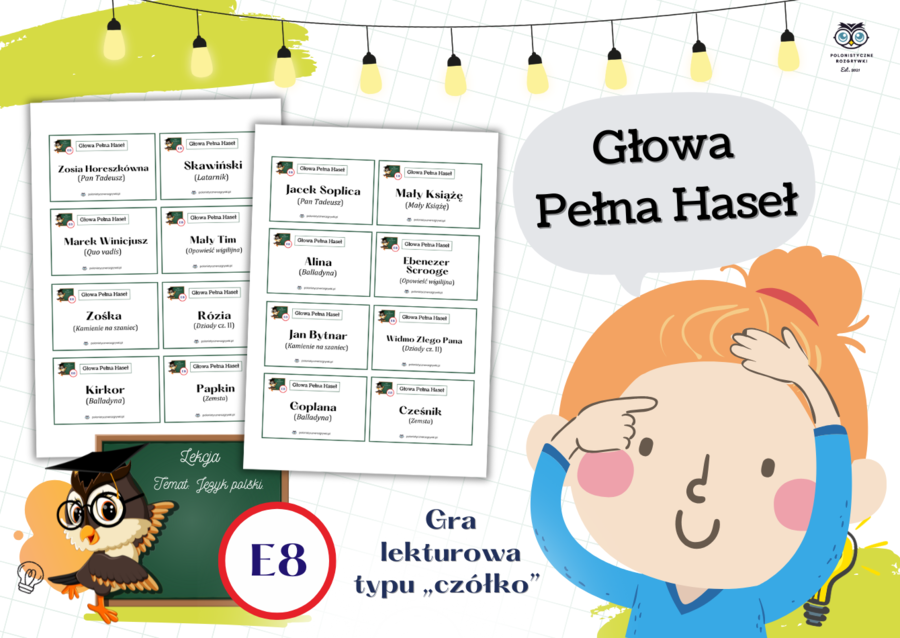 Głowa Pełna Haseł. Gra lekturowa typu „CZÓŁKO”. Bohaterowie lektur. Egzamin ósmoklasisty