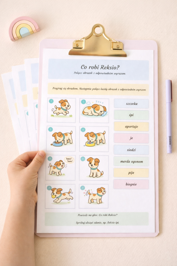 Co robi Reksio? – dopasuj czynność do obrazka