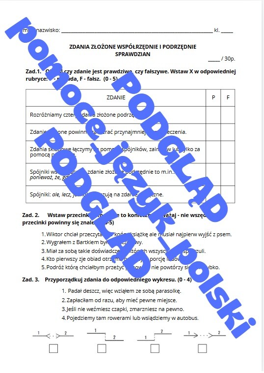 Zdania złożone współrzędnie i podrzędnie - sprawdzian + klucz odpowiedzi