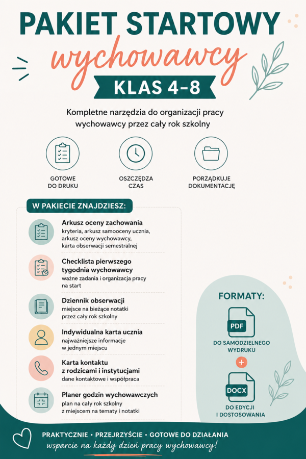 Pakiet Startowy Wychowawcy Klas 4–8 | Planer, Arkusze, Dziennik i Dokumentacja PDF
