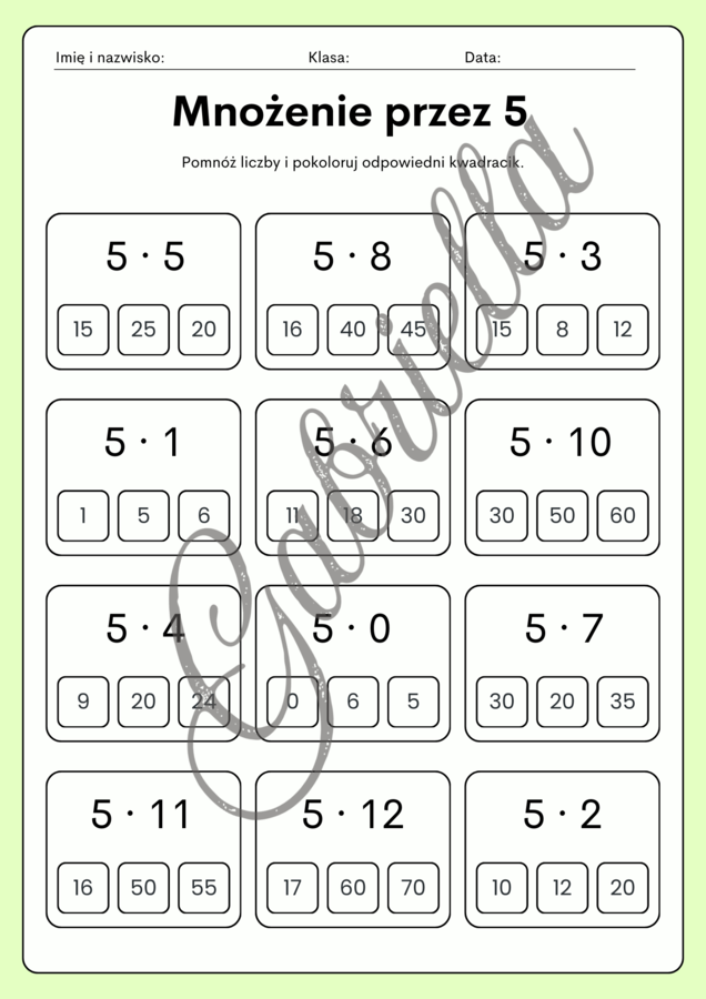 Tabliczka mnożenia - karty pracy, mnożenie przez 2,3,4 oraz 5.