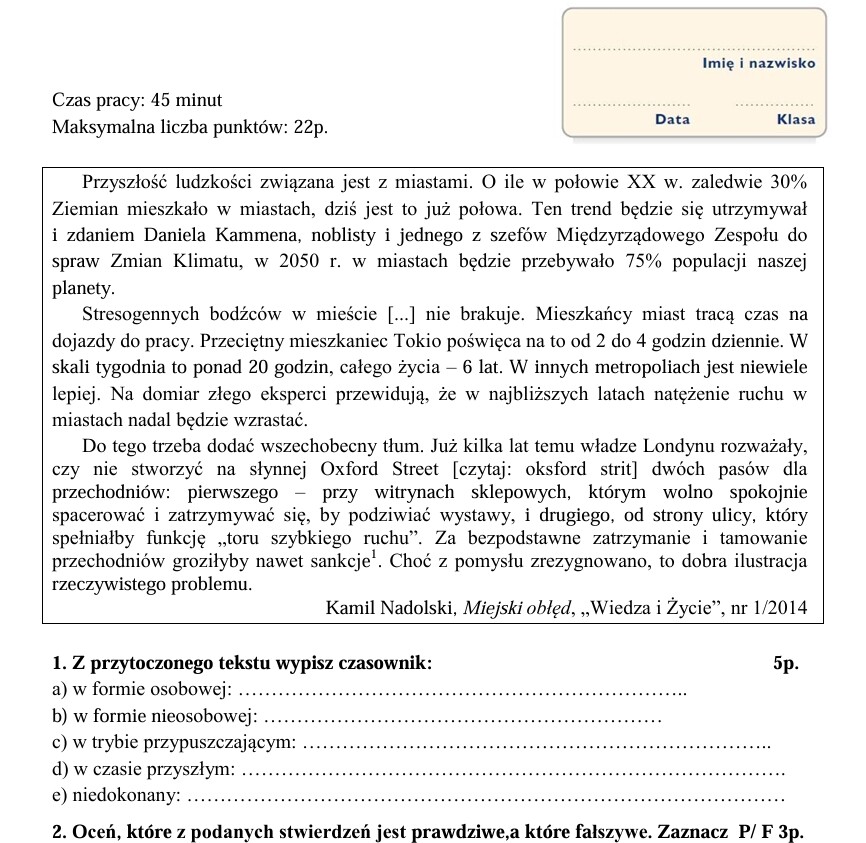 karta pracy/sprawdzian " Czasownik"