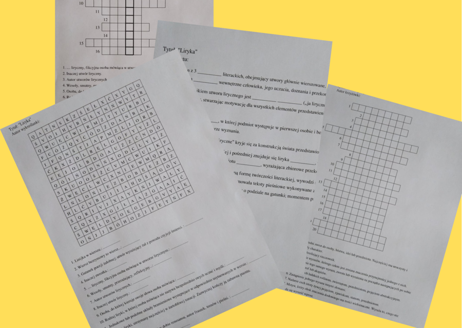 LIRYKA (terminy, środki poetyckie) - krzyżówki, wykreślanki, teksty z luką - kl.7-8