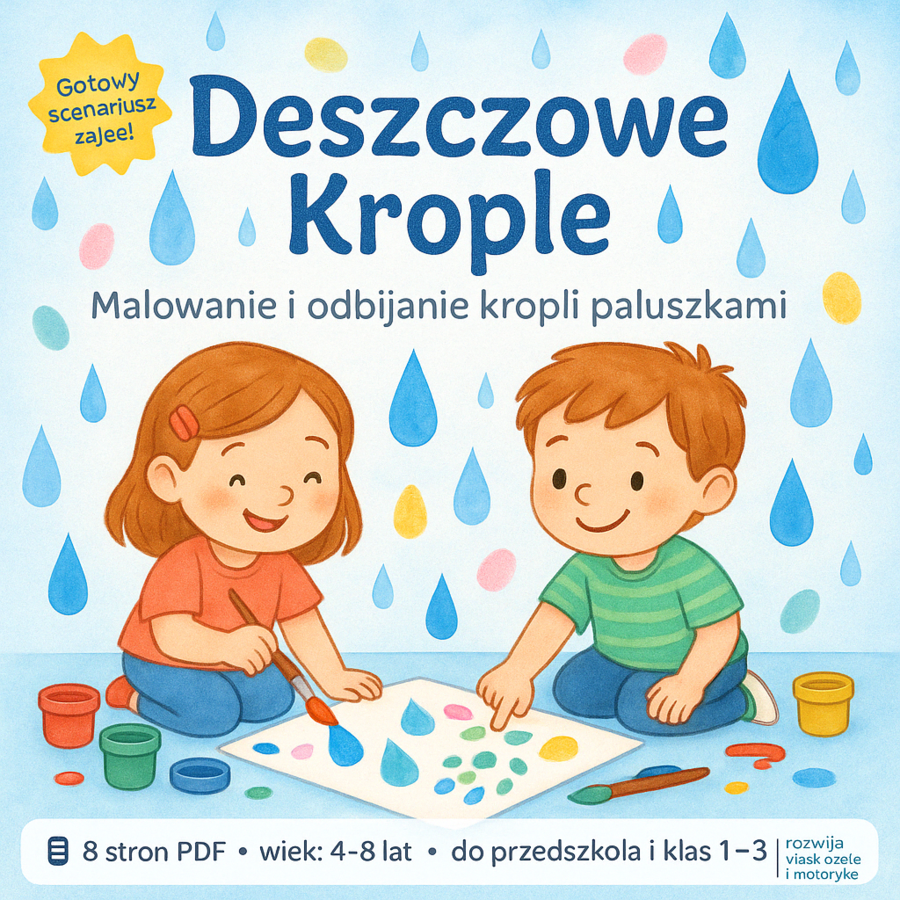Zajęcia plastyczne: malowanie kropli deszczu farbami, odbijanie kropli paluszkami