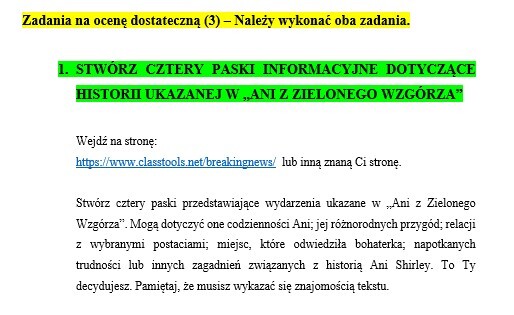 "Ania z Zielonego Wzgórza" - projekt podsumowujący pracę z lekturą (zadania poziomowane)