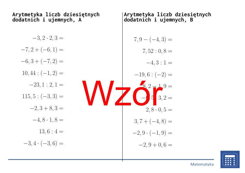 Arytmetyka liczb dziesiętnych dodatnich i ujemnych | matematyka | 26 kolumn