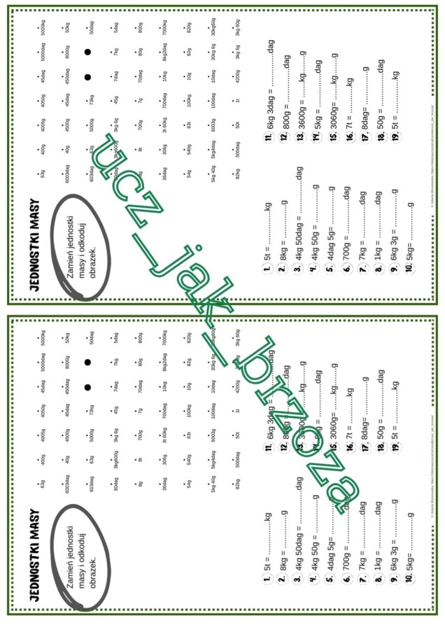 Jednostki masy, kodowanie, karta pracy, klasa 4