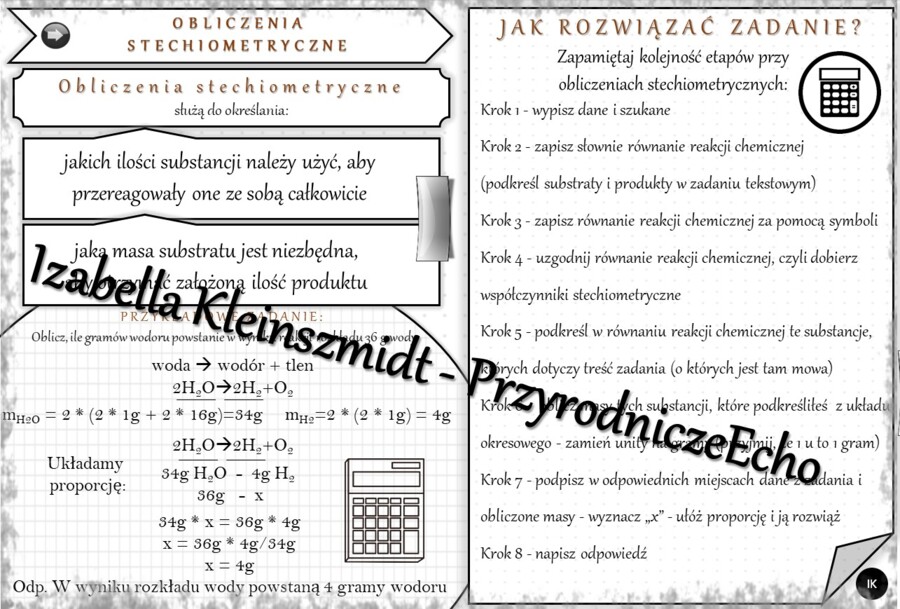 Sketchnotka - notatka „Obliczenia stechiometryczne” wykonana w power point do edycji. Chemia 7, „Ważne prawa”