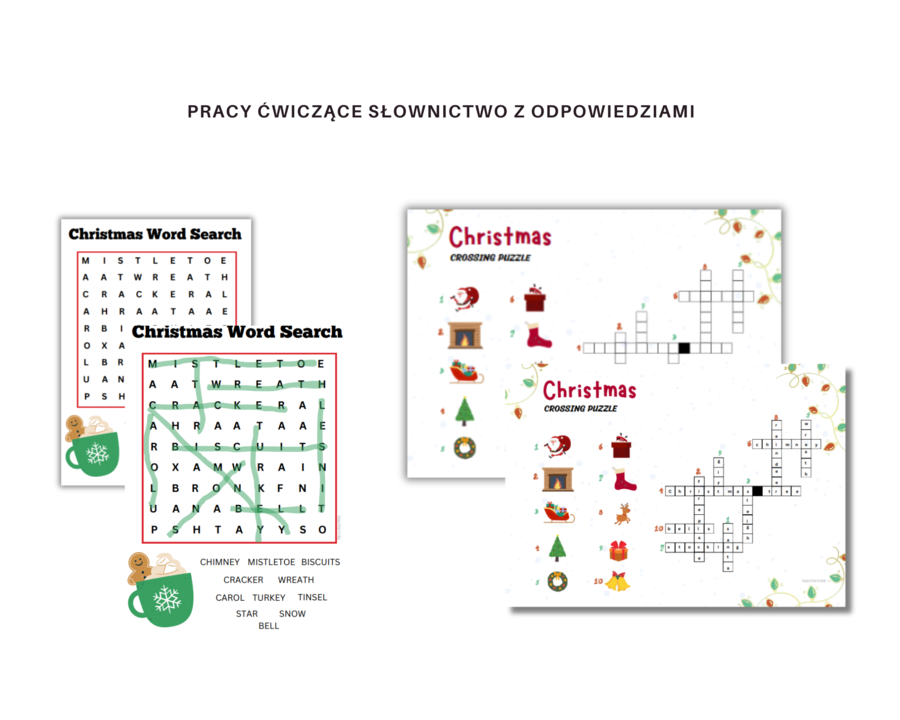 Christmas MegaPack - Ćwiczenia i gry na poznanie, utrwalenie słownictwa i zwrotów, Boże Narodzenie, Krzyżówka, Wykreślanka, Memory, Karty obrazkowe z podpisami