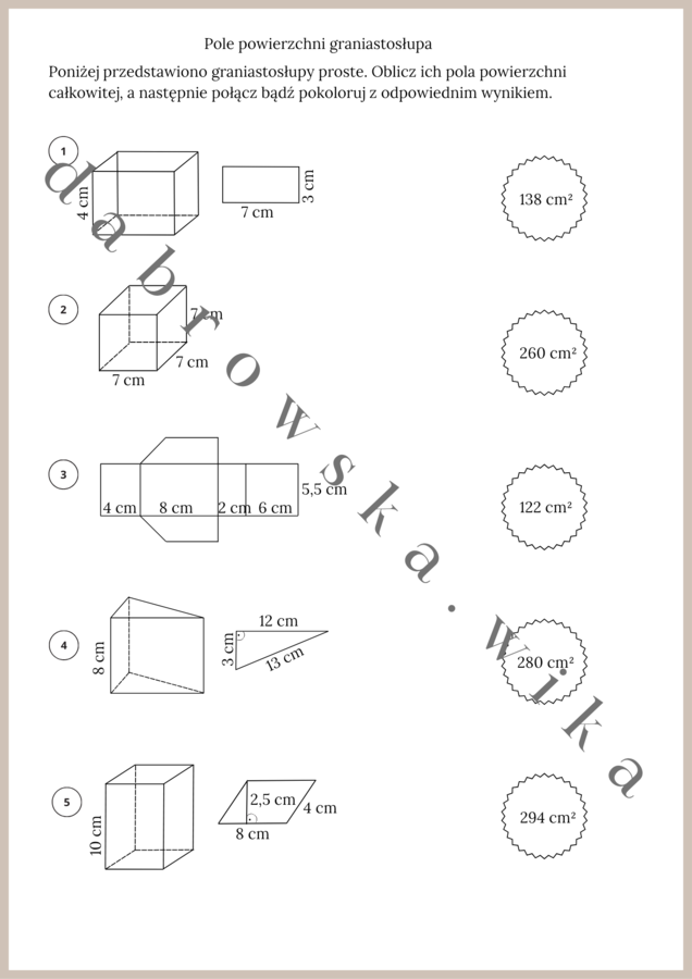 Pole powierzchni graniastosłupa - połącz bądź pokoloruj