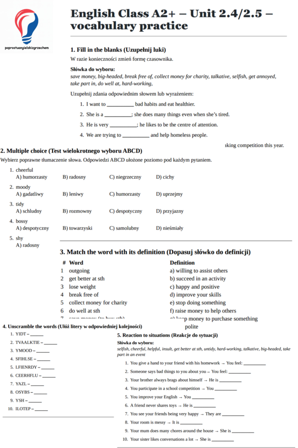 English Class A2+ – Unit 2.4_2.5 – vocabulary practice