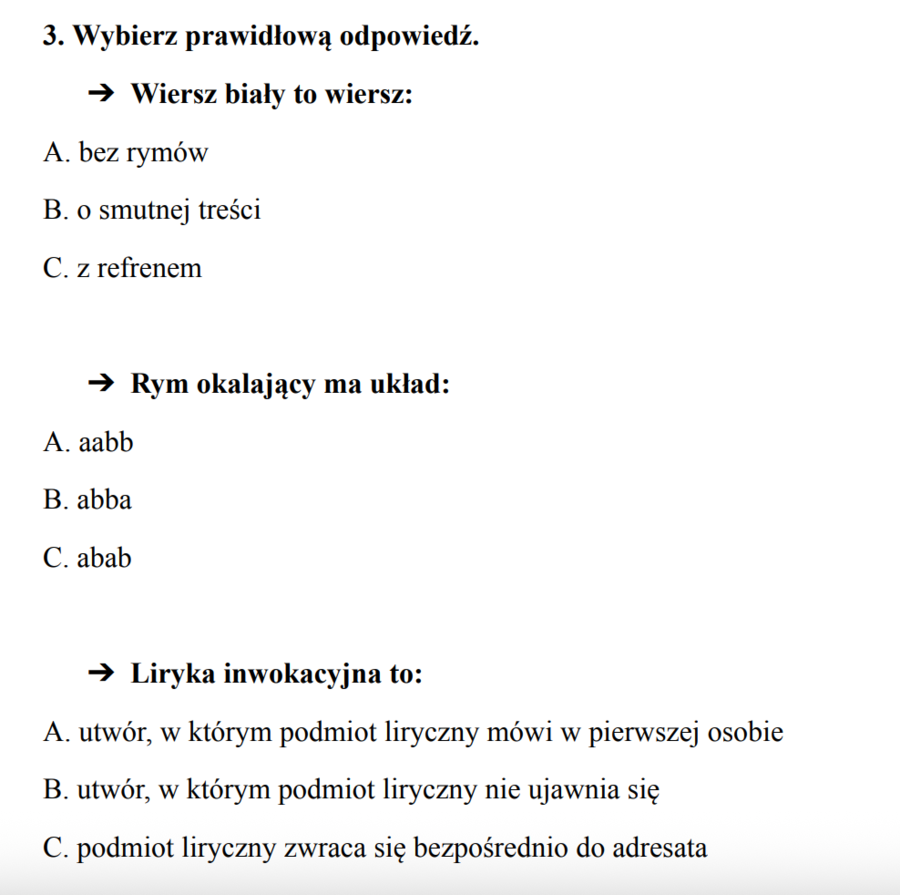 Sprawdzian z liryki i twórczości Kochanowskiego (kl. 7-8) 4 wersje (również dostosowana dla uczniów ze SPE)