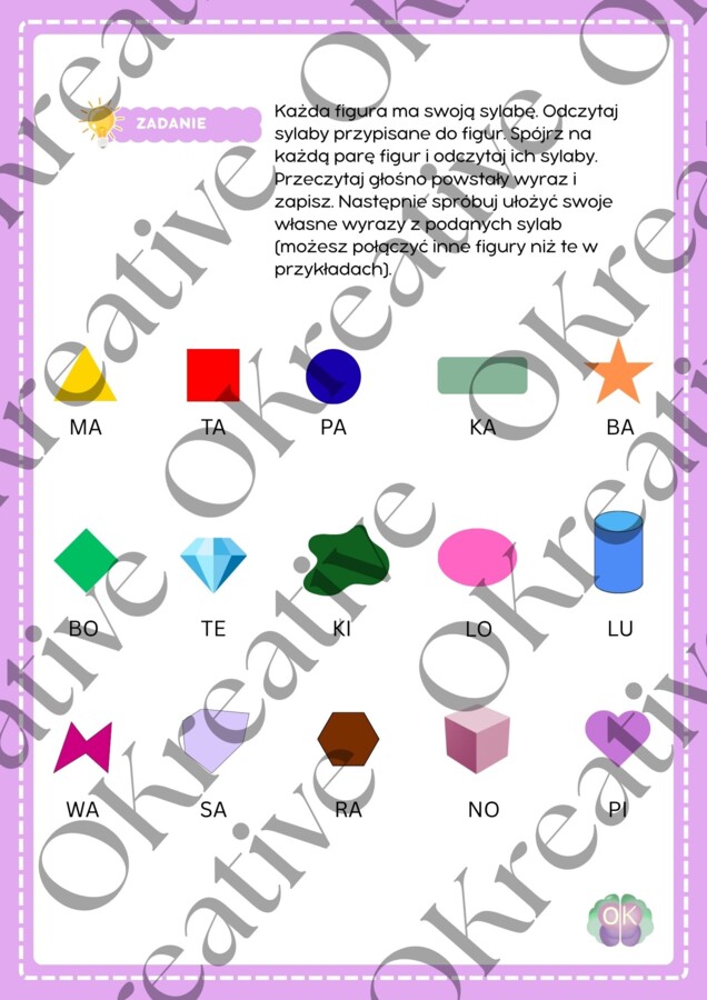 Figury i sylaby – nauka czytania przez zabawęnauka czytania, sylaby, wyrazy, przedszkole, klasy 1–3, edukacja wczesnoszkolna, ćwiczenia językowe, gry edukacyjne, nauka przez zabawę, kształty i sylaby, rozwijanie umiejętności czytania, rysunki edukacyjne,
