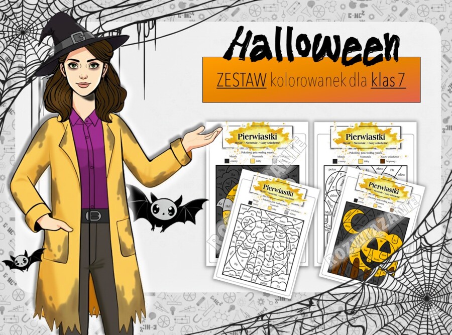 Klasa 7. Chemia. Praca z układem okresowym. Halloween. Chemiczna kolorowanka. ZESTAW. Karta pracy. Zadanie.