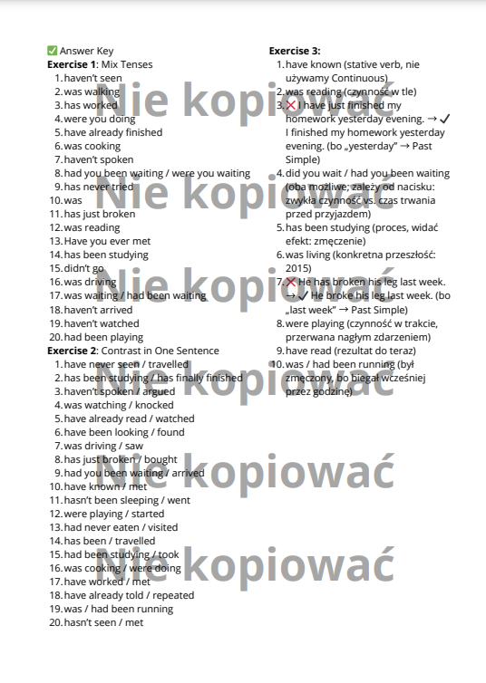 Karta Pracy: Tense Contrast Theory: Present Perfect & Continuous, Past Simple, Continuous and Perfect B2/B2+