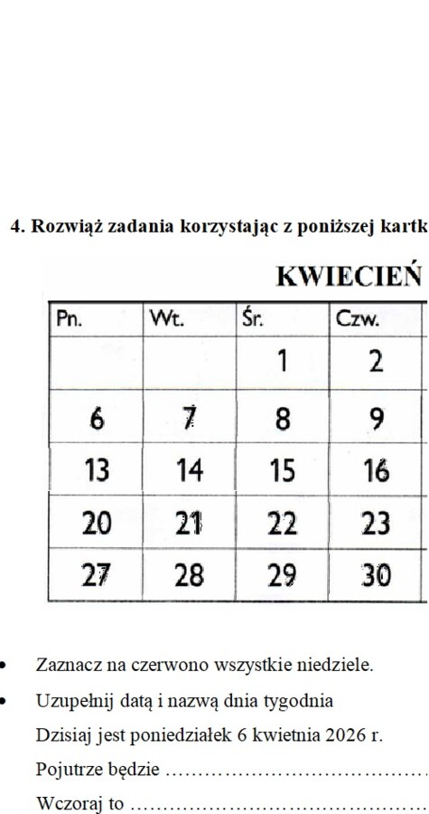 Kartkówka zegar i kalendarz