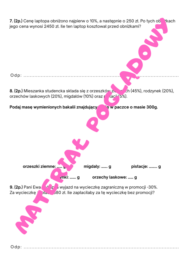 Sprawdzian procenty klasa 7