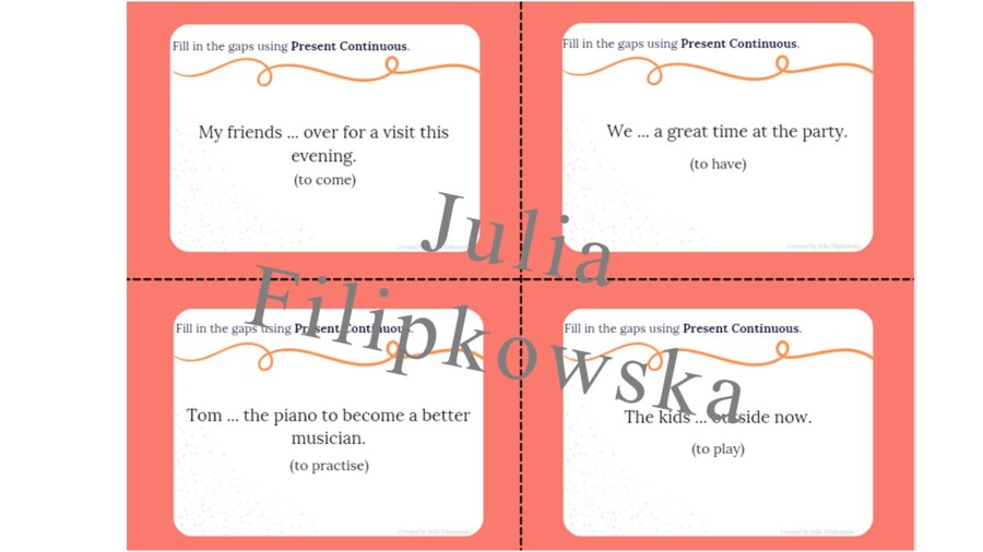 Present Continuous/ Karty do mówienia/ Mówienie/ Speaking/ Zestaw/ Pakiet/ Konwersacje/ Klasy 4-8/ Klasy 4-6/ Klasy 6-8/ SP/ Warm-up/ Rozgrzewka/ Speaking cards/ Gramatyka/ Grammar/ Speaking cards grammar/ Grammar cards/ E8