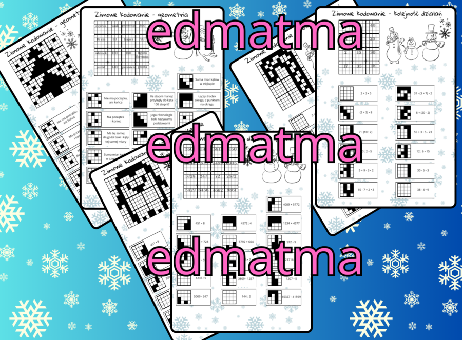 Zimowa kodowanka - geometria, działania pisemne, kolejność działań !!!3 w cenie 2!!! Kodowanie, zima