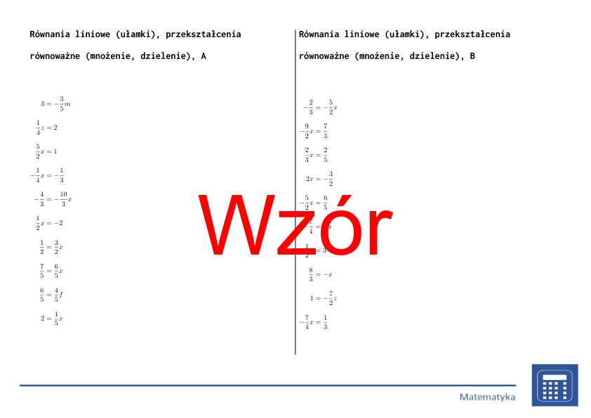 Równania liniowe (ułamki), przekształcenia równoważne (mnożenie, dzielenie) | matematyka, algebra | 26 kolumn
