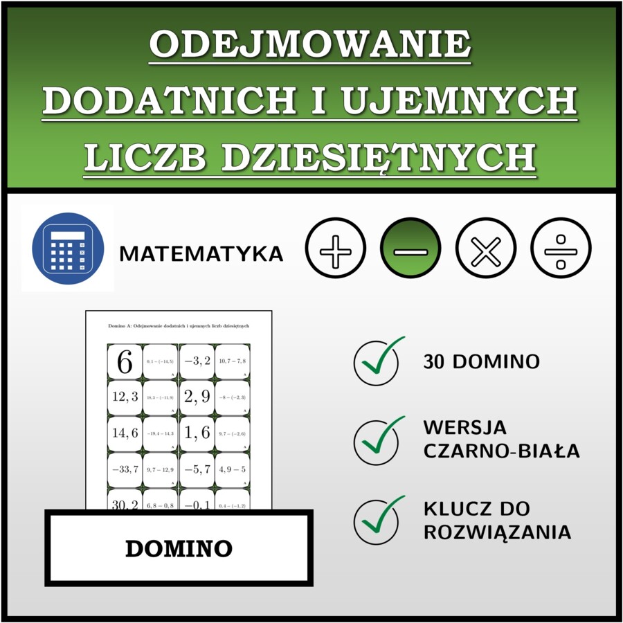 Domino - Odejmowanie dodatnich i ujemnych liczb dziesiętnych | matematyka