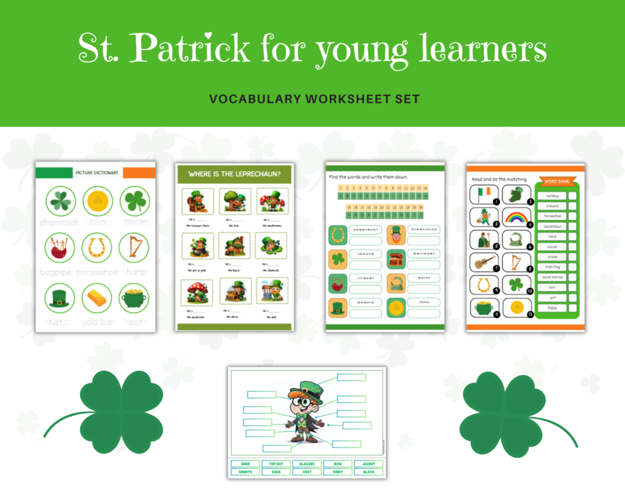 Saint Patrick's Day for Young Learners - Dzień Świętego Patryka dla uczniów klasy 1-2, zestaw, karty pracy, ćwiczenia na słownictwo, części garderoby, przyimki miejsca,