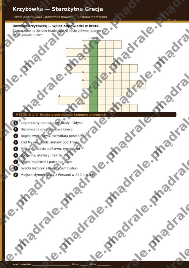 KRZYŻÓWKA "STAROŻYTNA GRECJA" + KLUCZ ODPOWIEDZI