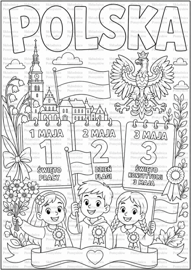 DARMOWA KOLOROWANKA A4 - ŚWIĘTA MAJOWE: 1 maja, 2 maja, 3 maja; karta pracy; dekoracja; gazetka; plakat
