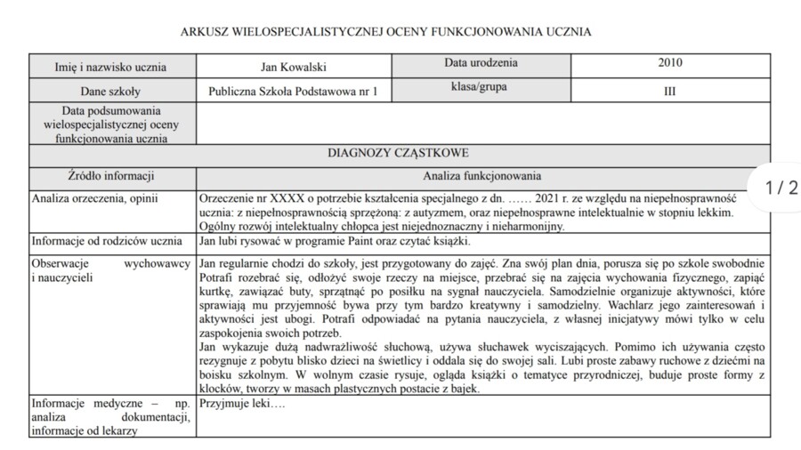 Przykładowa Wielospecjalistyczna Ocena Poziomu Funkcjonowania Ucznia, Autyzm