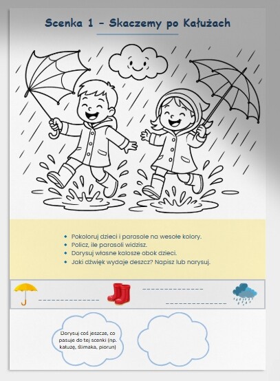 Karty pracy z kolorowaniem scenek z deszczową pogodą
