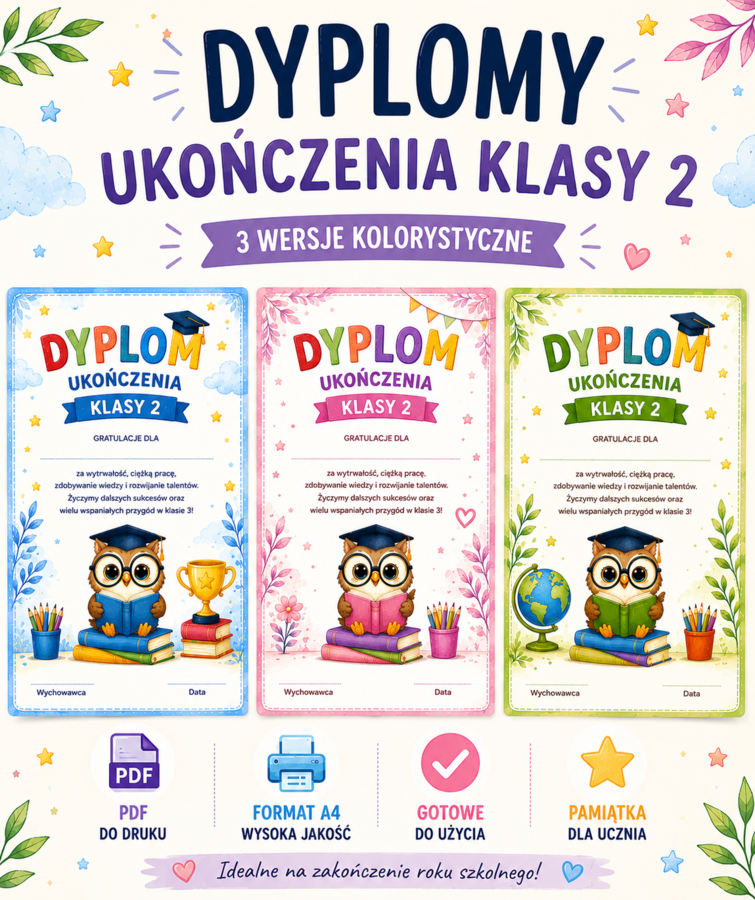 Dyplomy ukończenia klasy 2 – gotowe do druku | 3 wersje PDF