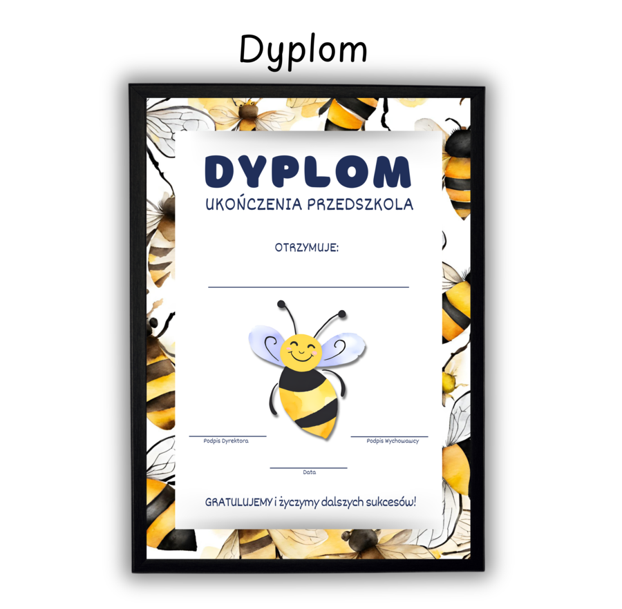 Zestaw na Zakończenie Przedszkola dla grupy pszczółki: Dyplom, plan lekcji, zakładka, tekturka, kotyliony 🩷