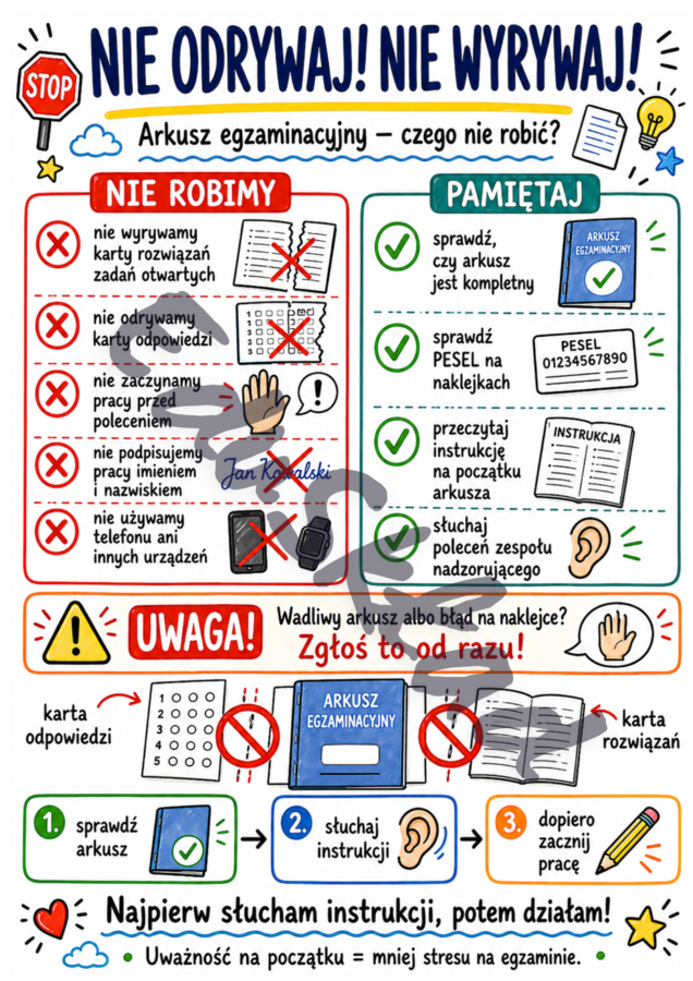Egzamin ósmoklasisty 2026 – sketchnotki na gazetkę ścienną | 8 kolorowych plansz PNG
