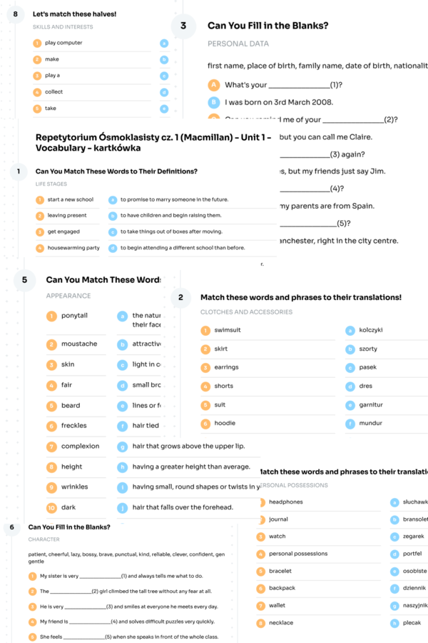 Repetytorium Ósmoklasisty cz. 1 (Macmillan) – Unit 1 - Vocabulary - kartkówka