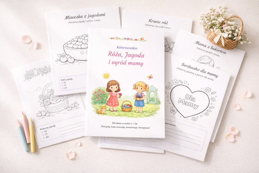 Kolorowanka: Róża, Jagoda i ogród mamy
