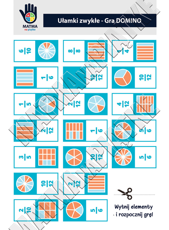 Ułamki zwykłe - GRA DOMINO - Szkoła Podstawowa - Klasa 4 / 5 / 6 / 7 /8 - Klasa Czwarta / Piąta / Szósta / Siódma / Ósma- Ułamek zwykły jako część całości - Karta pracy o ułamkach zwykłych - Powtórzenie ułamków - Wycinanka z ułamkami zwykłymi - Wizualiza