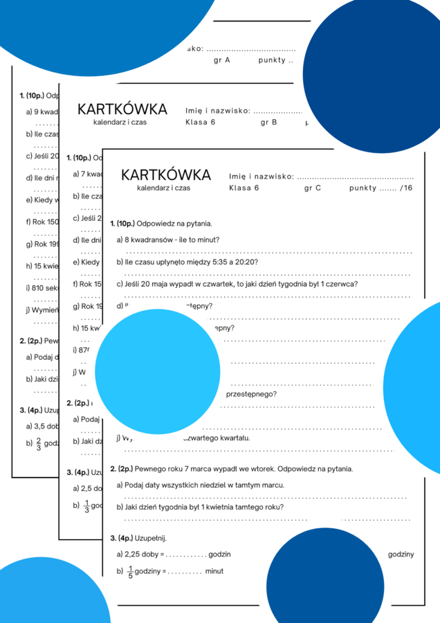 Kalendarz i czas. Kartkówka/karta pracy. Klasa 6