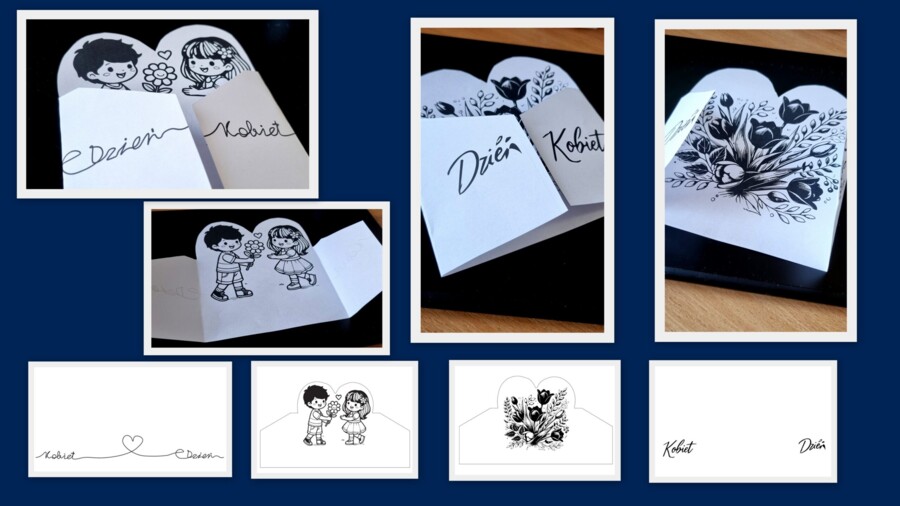 Dwie laurki na walentynki, dzień kobiet, kolorowanka