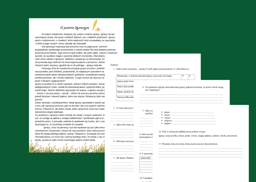 📚📝 DZIEŃ POEZJI - "O poecie Ignacym" - CZYTANIE ZE ZROZUMIENIEM - kl. 4-6 + odpowiedzi
