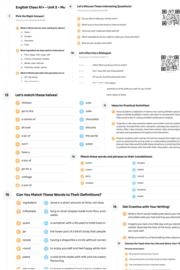 English Class A1+ – Unit 2 – karta pracy – Mum's Little Helper – food, at the restaurant – Krzyżówka GRATIS