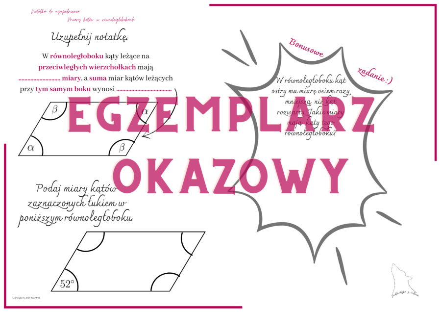 Miary kątów w równoległobokach - notatka do uzupełnienia