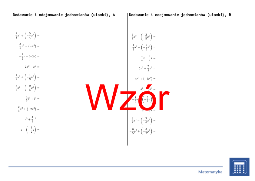Dodawanie i odejmowanie jednomianów (ułamki) | matematyka, algebra | 26 kolumn