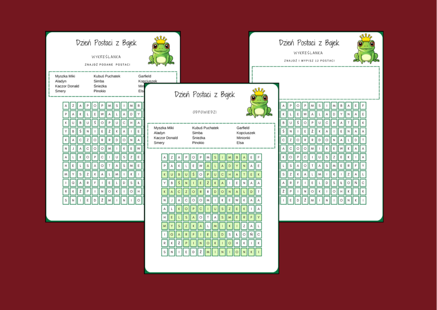 DZIEŃ POSTACI Z BAJEK – wykreślanka – biblioteka - świetlica