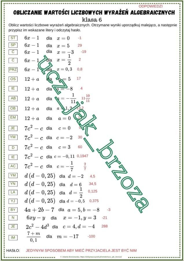 Obliczanie wartości liczbowych wyrażeń algebraicznych